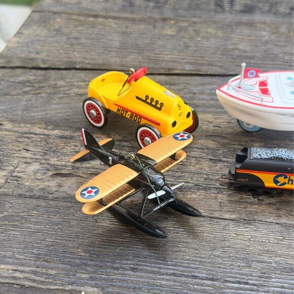 Vintage Hallmark Ornaments Lot Hot Rod Car Jolly Roger Boat Lionel Train Plane - Picture 2 of 10